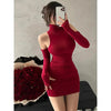 High Neck Pleated Bottom Wrapped Hip Dress Women Drappery